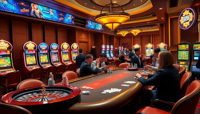 Experience the thrill of gambling at 88new with vibrant casino games and dynamic players around a poker table.