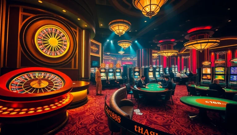Exciting scene at https://c168.today/ showcasing a glamorous casino with roulette, poker, and slot machines.