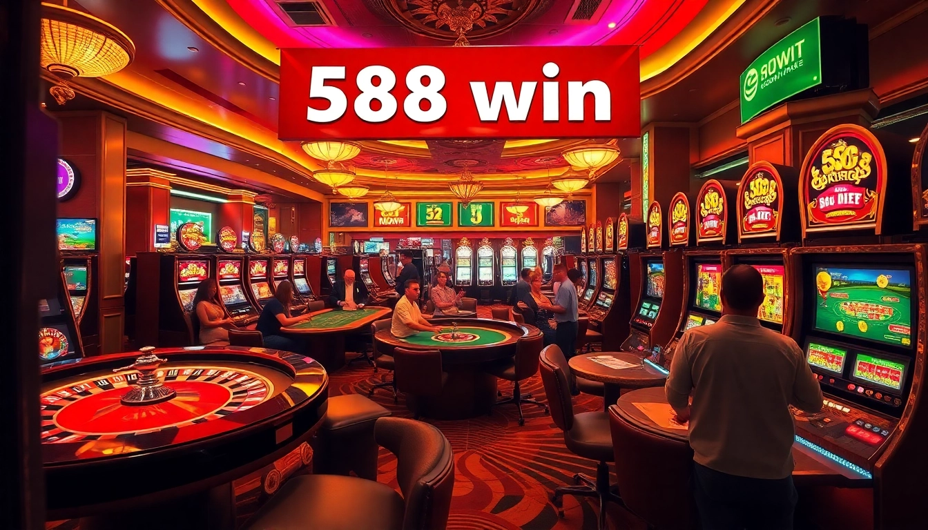 Experience the thrill of a casino win with vibrant games and 58 win banners creating an exciting atmosphere.