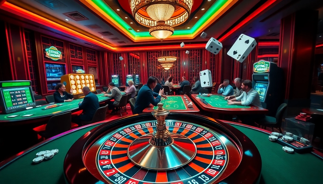 Players enjoying the cổng game Go8 at a vibrant casino, showcasing high-stakes poker with glimmering chips and roulette excitement.