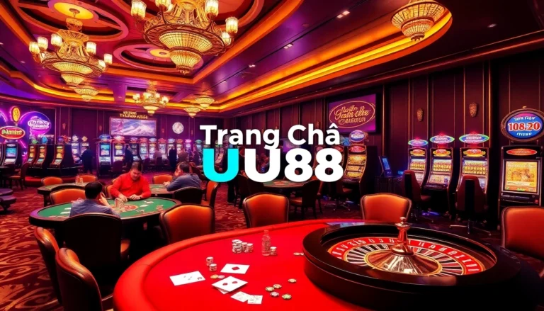 Experience the thrill of online gambling at Trang Chủ UU88 with players at poker tables and vibrant slot machines.