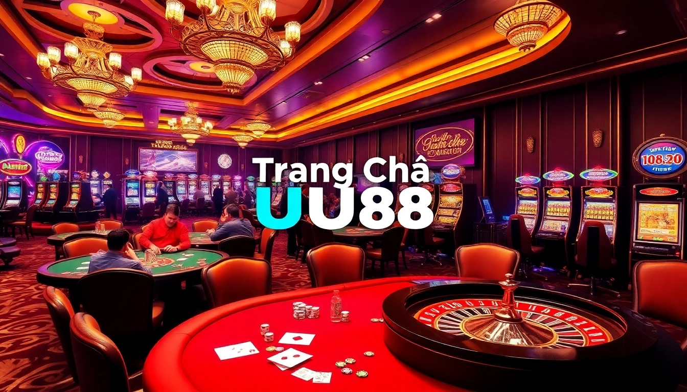Experience the thrill of online gambling at Trang Chủ UU88 with players at poker tables and vibrant slot machines.