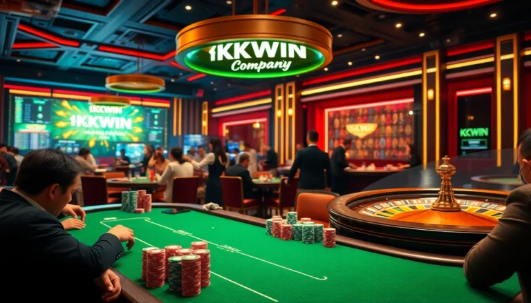 Experience the excitement of the KKWIN company gambling hall with dynamic poker tables and a roulette wheel.