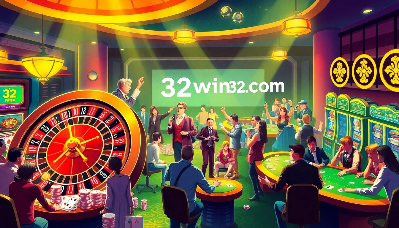Experience excitement at a casino with vibrant activities and "32win32 com" integrated within the thrilling atmosphere of gambling.