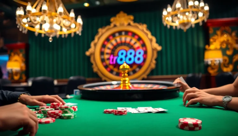 Engage with tr88 at a vibrant poker game, featuring colorful chips and roulette excitement.